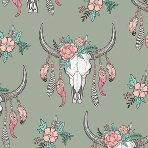 Boho Longhorn Cow Skull with Feathers and Flowers Peach on Desert Sage Green