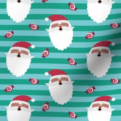 Jolly Santa w/ Christmas Candy – Arcadia Green + Blue Stripes – Kids Xmas Fabric Ginger Lous