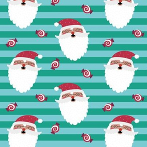 Jolly Santa w/ Christmas Candy – Arcadia Green + Blue Stripes – Kids Xmas Fabric Ginger Lous