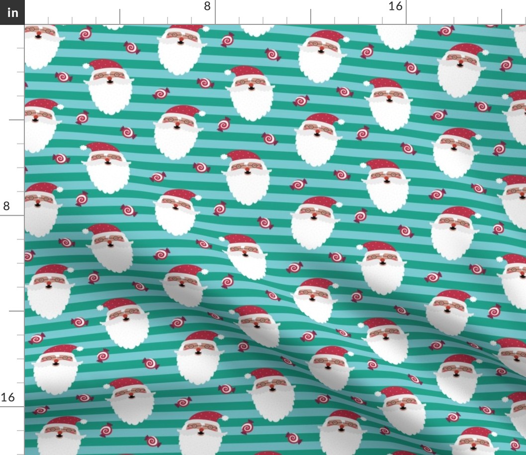 Jolly Santa w/ Christmas Candy – Arcadia Green + Blue Stripes – Kids Xmas Fabric Ginger Lous
