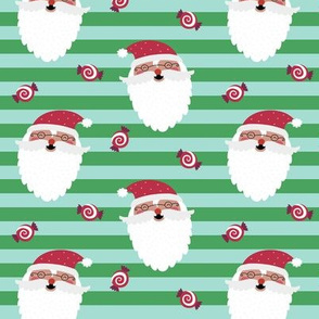 Jolly Santa w/ Christmas Candy – Kelly & Mint Stripes – Kids Xmas Fabric GingerLous