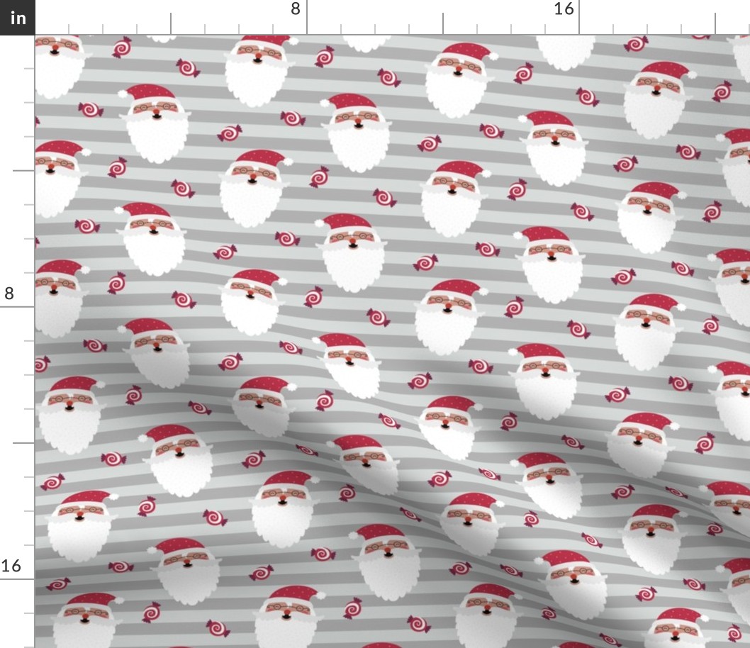 Jolly Santa w/ Christmas Candy – Gray Stripes – Kids Xmas Fabric