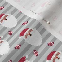 Jolly Santa w/ Christmas Candy – Gray Stripes – Kids Xmas Fabric, SMALL scale