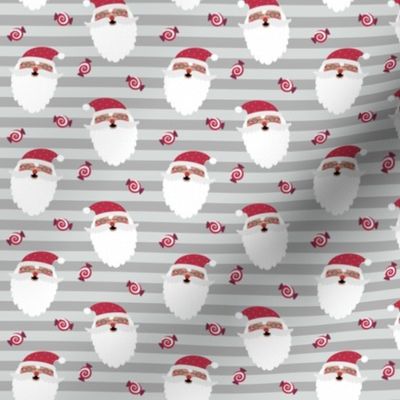 Jolly Santa w/ Christmas Candy – Gray Stripes – Kids Xmas Fabric, SMALL scale