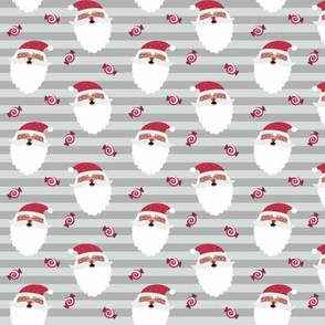 Jolly Santa w/ Christmas Candy – Gray Stripes – Kids Xmas Fabric, SMALL scale