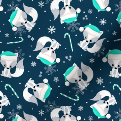 Santa Fox – Christmas Aqua Santa Hat, Candy Canes + Snowflakes - Sailor Blue