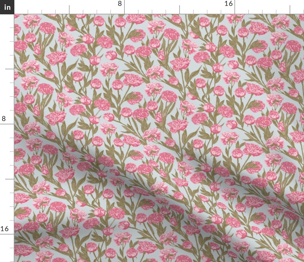 Peonies Pink Green on Light Green