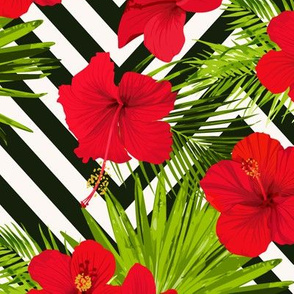 Hibiscus flowers on a chevron background seamless pattern