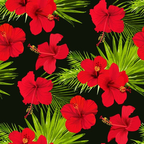 Hibiscus flowers on a black background seamless pattern