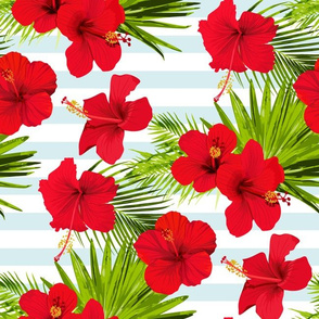 Hibiscus flowers on a stripe background seamless pattern