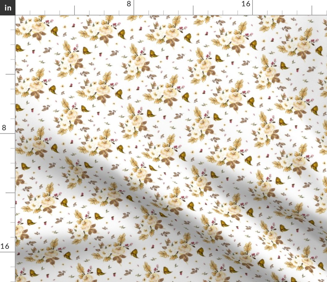 4" Gold and Ivory Florals - White