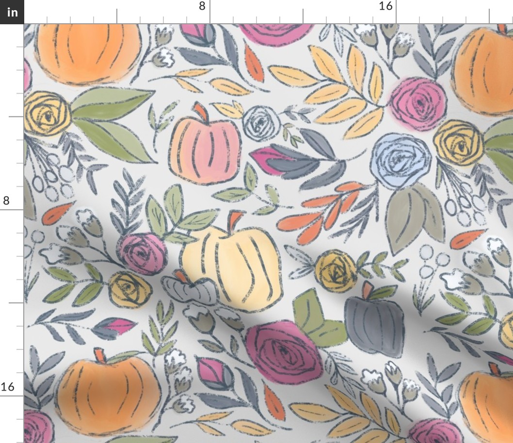 Pumpkin Fall Florals on Light Gray 