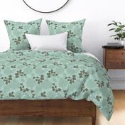 Flowers and birds on teal green