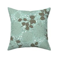 Flowers and birds on teal green