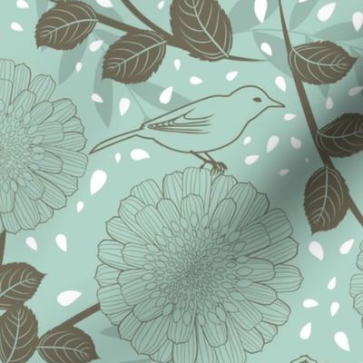 Flowers and birds on teal green
