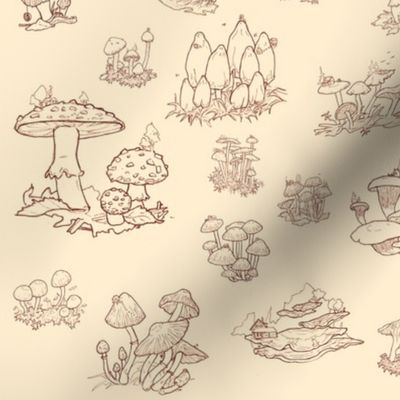 Tiny Dreams of Mushrooms in Red Toile