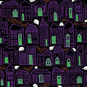 Happy Halloween in the City // Quirky Haunted House Neighborhood with Bats + Ghosts in Purple, Black, Green, and Orange