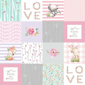 3" BLOCKS- Woodland Patchwork- I Love You a Bushel and a Peck Quilt Top - Baby Girl Blanket Gray Lavender Pink