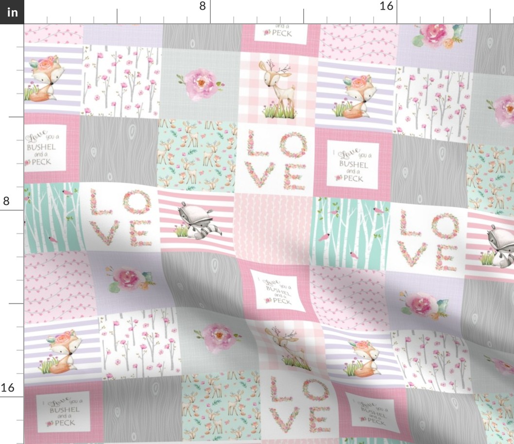 3" BLOCKS- Woodland Patchwork- I Love You a Bushel and a Peck Quilt Top - Baby Girl Blanket Gray Lavender Pink