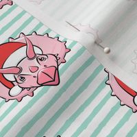 Christmas Triceratops - pink on mint stripes