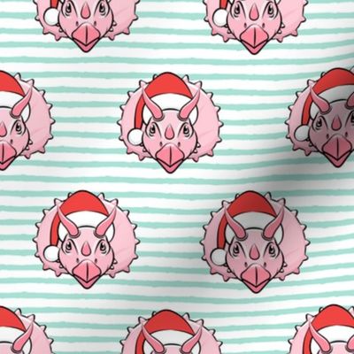 Christmas Triceratops - pink on mint stripes