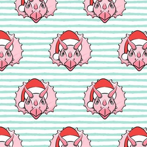Christmas Triceratops - pink on mint stripes