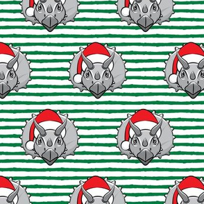 Christmas Triceratops - grey on green stripes
