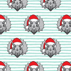 Christmas Triceratops - grey on mint stripes