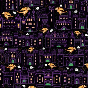 Creepy Castles // Quirky Halloween Haunted House Neighborhood with Bats + Ghosts in Purple, Black, and Orange