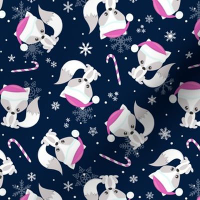 Santa Fox – Christmas Pink Santa Hat, Candy Canes + Snowflakes - Navy