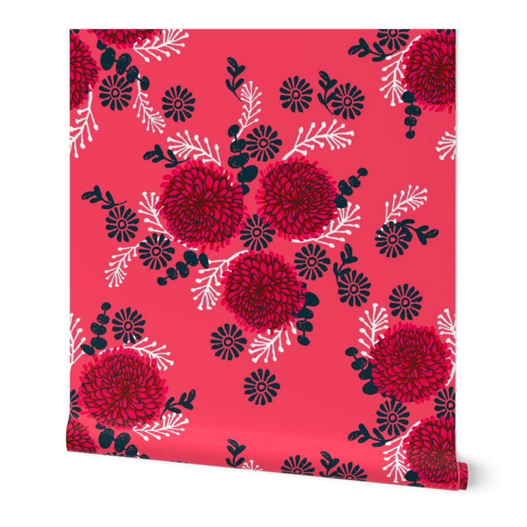 chrysanthemums // linocut florals - bright pink