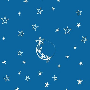 Moon and Stars, White on Bright Blue