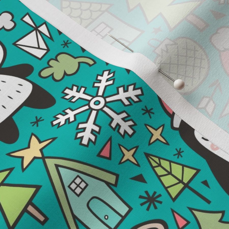 Christmas Holidays Animals Doodle with Panda, Deer, Bear, Penguin and Trees on Teal Green