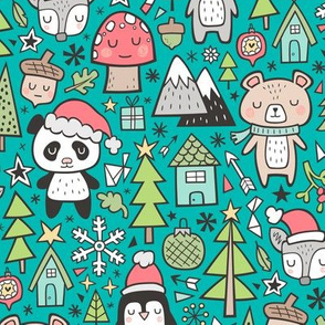 Christmas Holidays Animals Doodle with Panda, Deer, Bear, Penguin and Trees on Teal Green