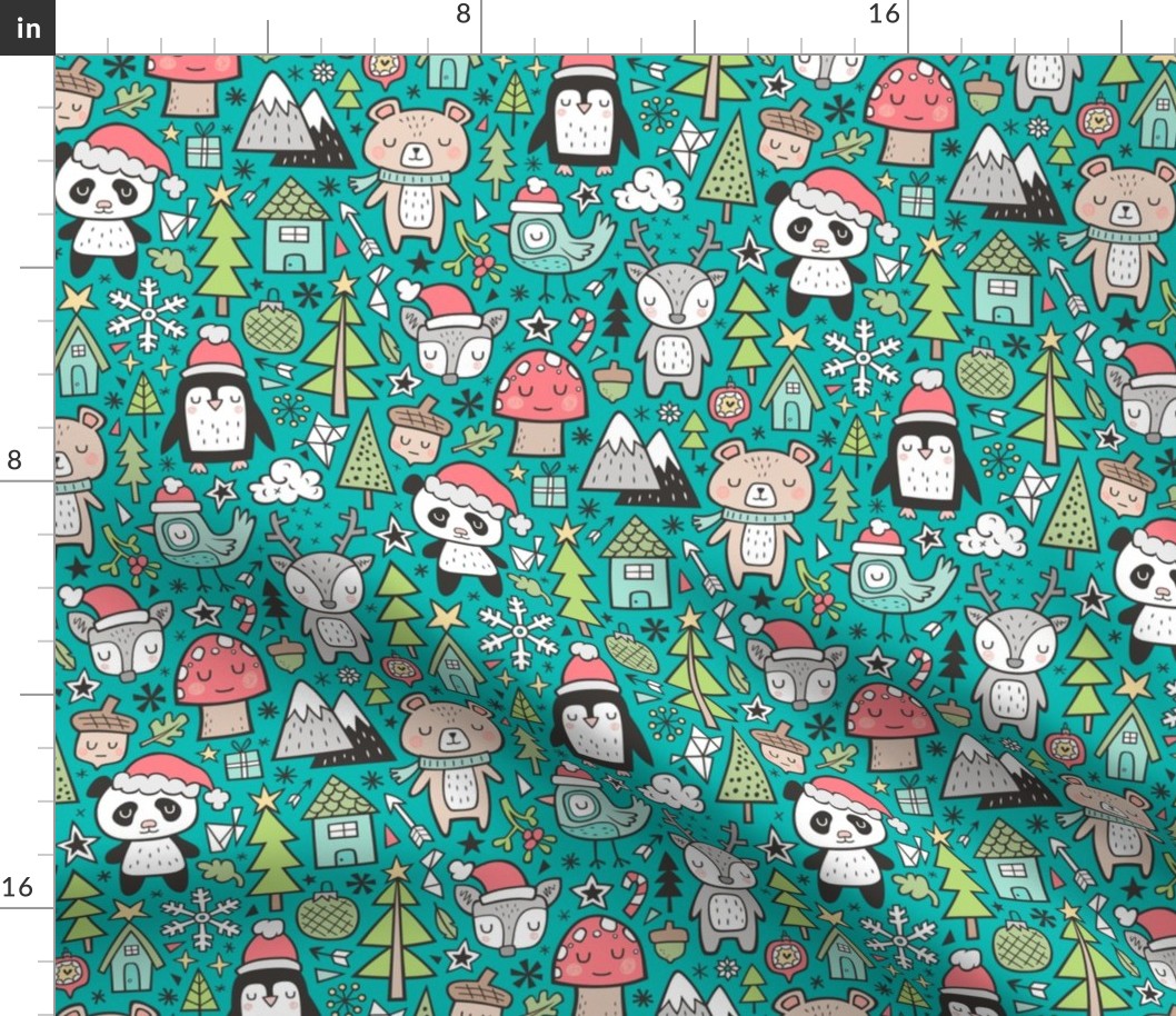 Christmas Holidays Animals Doodle with Panda, Deer, Bear, Penguin and Trees on Teal Green