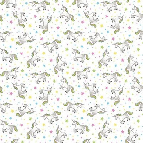 Rainbow Unicorns and Stars, scattered on white – small scale