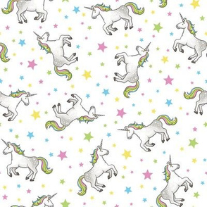 Rainbow Unicorns and Stars, scattered on white – medium scale