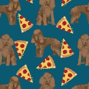 toy poodle pizza fabric - cute light brown poodle pizza design food fabric - navy
