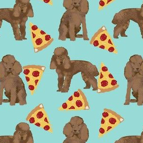 toy poodle pizza fabric - cute light brown poodle pizza design food fabric - light blue