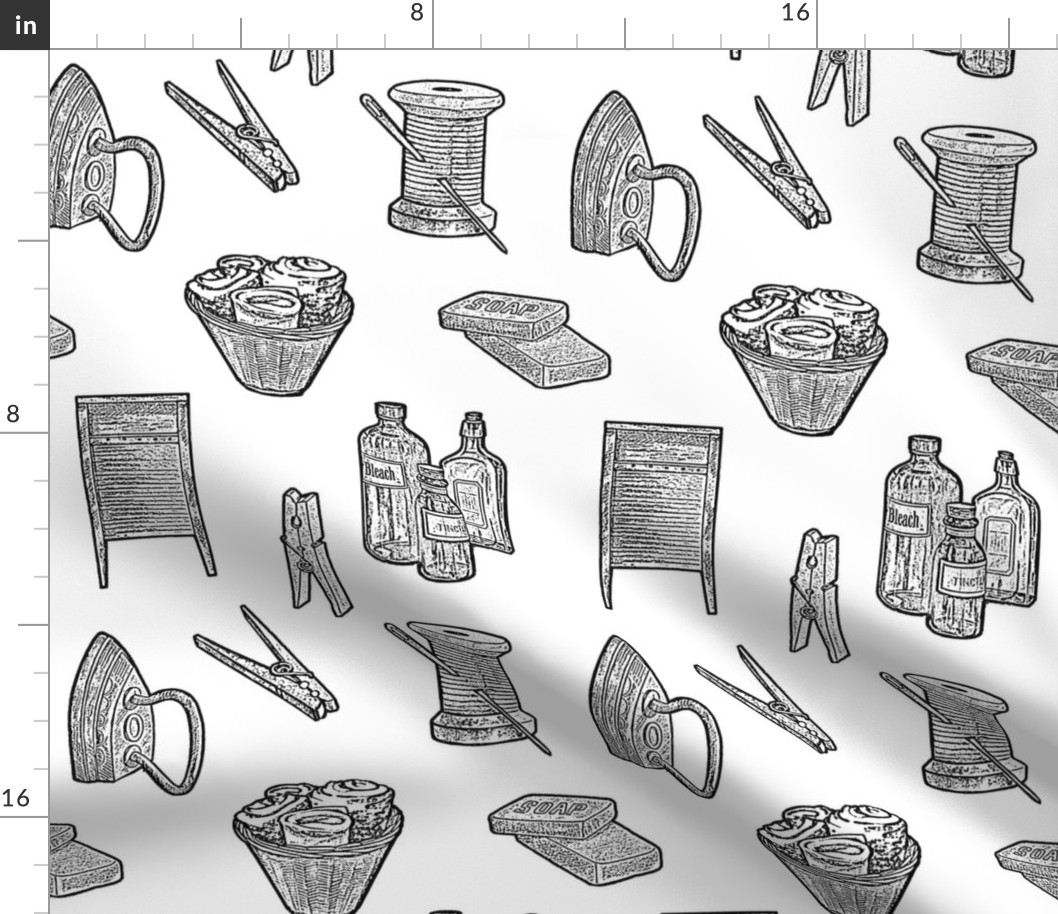 Rustic Vintage Laundry Tasks, Laundry Room Decor, Country Design Black and White Drawing