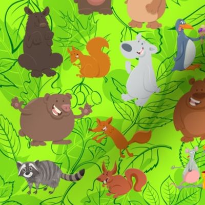 Cartoon Animals on Forest Leaves