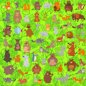 Cartoon Animals on Forest Leaves