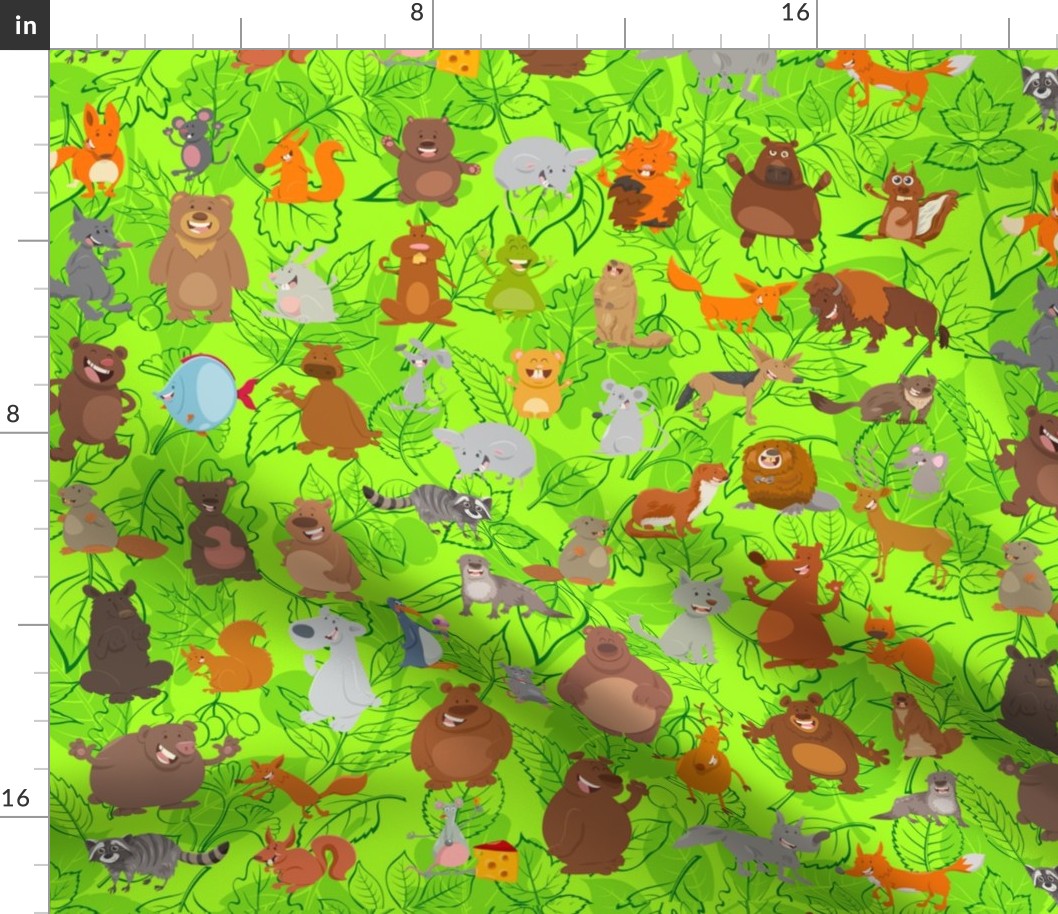 Cartoon Animals on Forest Leaves