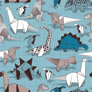 Small scale // Origami dino friends // blue linen texture background paper white & blue dinosaurs