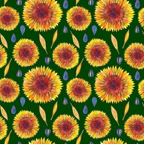 Sunflower botanical pattern on green