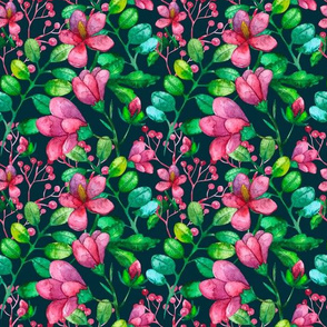 Colorful watercolor seamless pattern with pink flowers and berries on dark