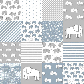 elephant baby cheater quilt - cute baby nursery crib sheet, baby blanket fabric - blue and grey