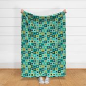 Square In Square - Turquoise- Cheater Quilt, Wholecloth Quilt, 