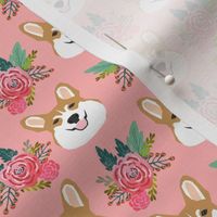 corgi head floral fabric - cute corgis, dogs, pink floral fabric - pink