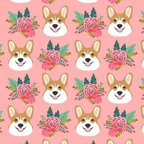 corgi head floral fabric - cute corgis, dogs, pink floral fabric - pink